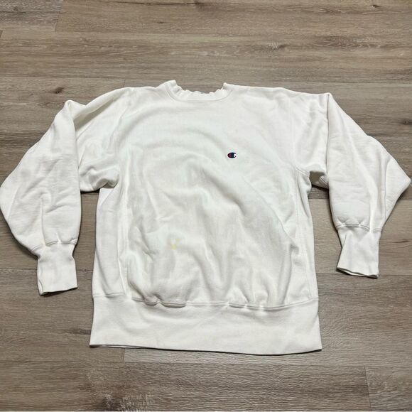 Vintage Champion Reverse Weave Crew Neck Sweatshirt White Blank Size Large READ - Picture 1 of 9
